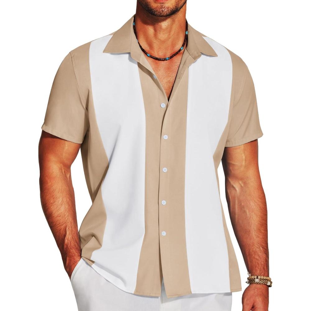 imageCOOFANDY Mens Casual Wrinkle Free Shirts Short Sleeve Button Down Summer Stretch Dress ShirtKhakiwhite