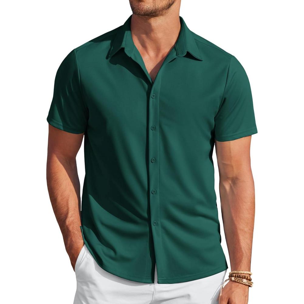 imageCOOFANDY Mens Casual Wrinkle Free Shirts Short Sleeve Button Down Summer Stretch Dress ShirtLake Green