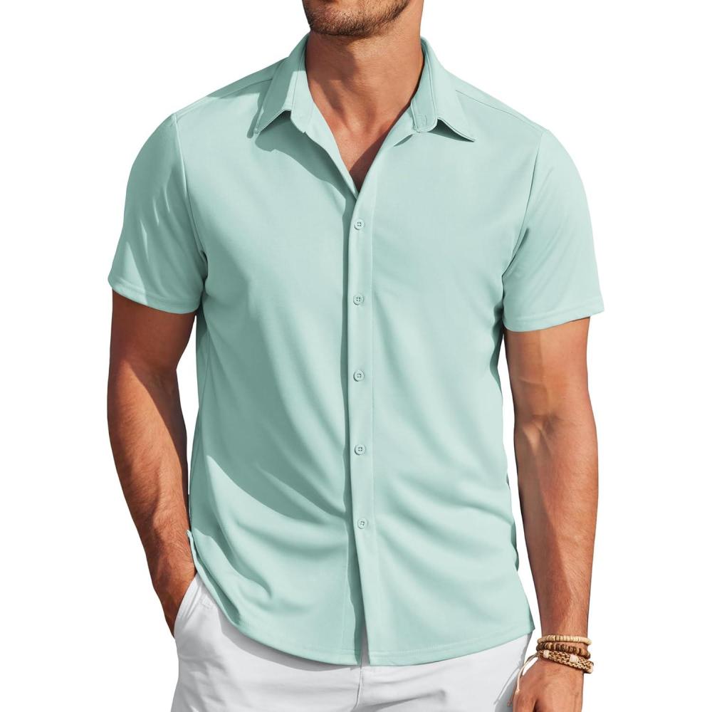 imageCOOFANDY Mens Casual Wrinkle Free Shirts Short Sleeve Button Down Summer Stretch Dress ShirtLight Blue