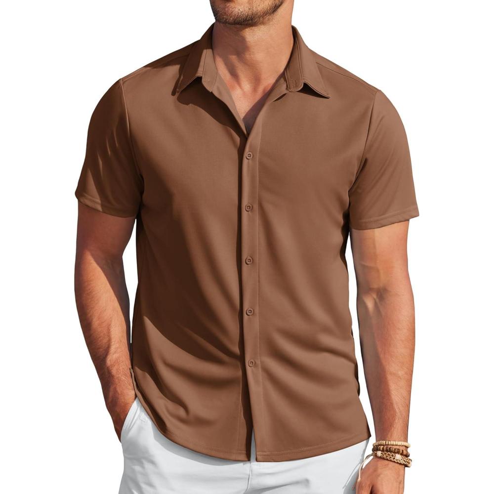 imageCOOFANDY Mens Casual Wrinkle Free Shirts Short Sleeve Button Down Summer Stretch Dress ShirtLight Brown