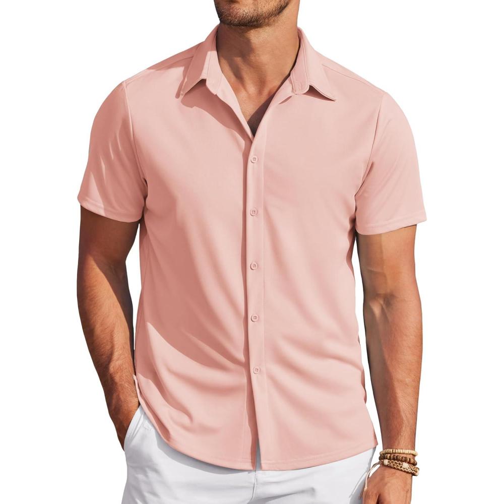 imageCOOFANDY Mens Casual Wrinkle Free Shirts Short Sleeve Button Down Summer Stretch Dress ShirtLight Pink