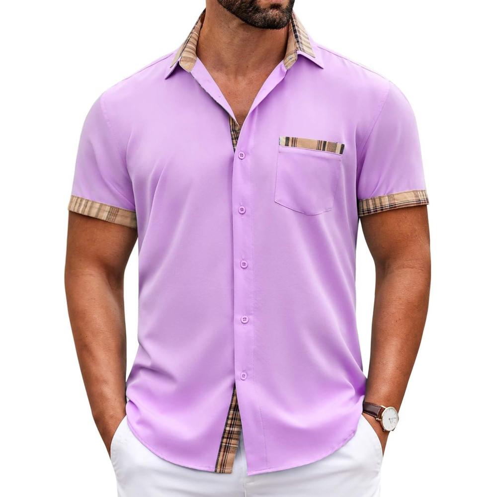 imageCOOFANDY Mens Casual Wrinkle Free Shirts Short Sleeve Button Down Summer Stretch Dress ShirtLight Purple