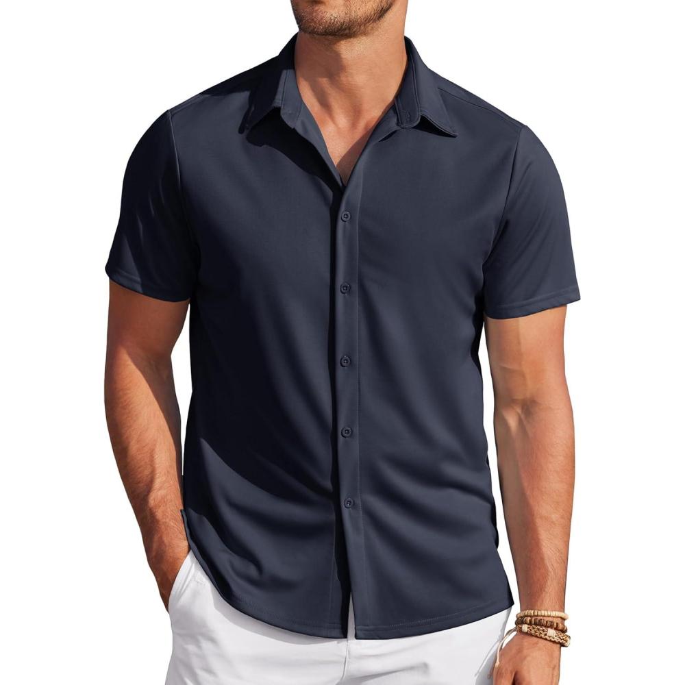 imageCOOFANDY Mens Casual Wrinkle Free Shirts Short Sleeve Button Down Summer Stretch Dress ShirtNavy Blue