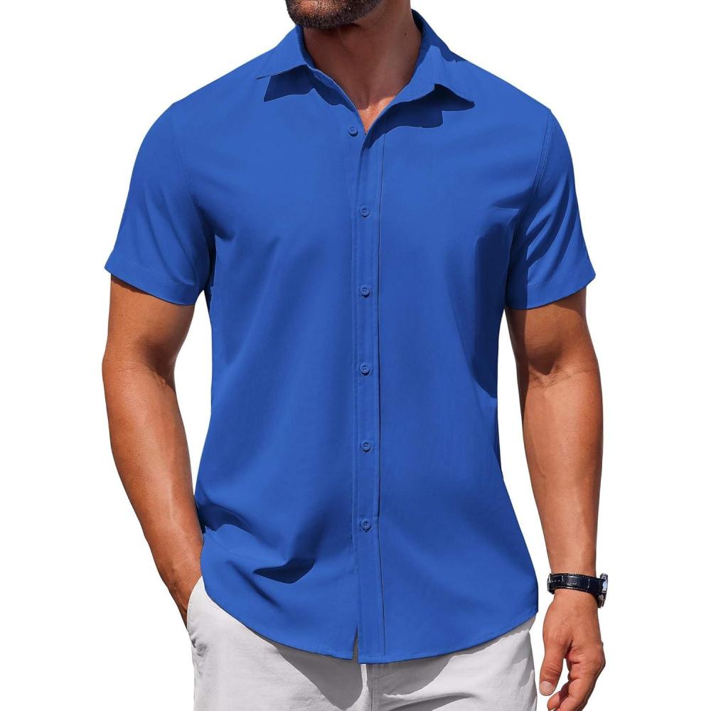 imageCOOFANDY Mens Casual Wrinkle Free Shirts Short Sleeve Button Down Summer Stretch Dress ShirtOcean Blue