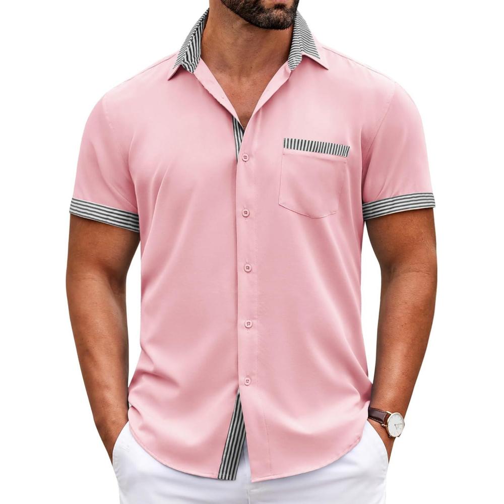 imageCOOFANDY Mens Casual Wrinkle Free Shirts Short Sleeve Button Down Summer Stretch Dress ShirtPinkstripe