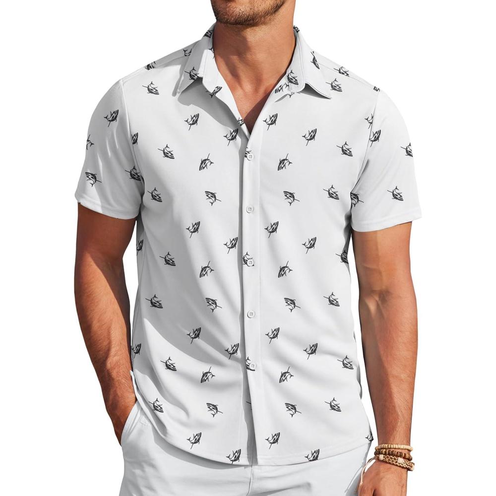 imageCOOFANDY Mens Casual Wrinkle Free Shirts Short Sleeve Button Down Summer Stretch Dress ShirtWhite Full Shark