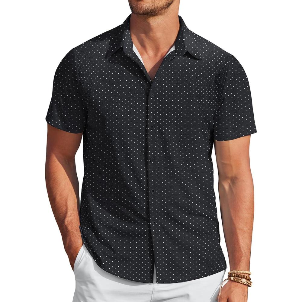 imageCOOFANDY Mens Casual Wrinkle Free Shirts Short Sleeve Button Down Summer Stretch Dress ShirtWhite Spots Black