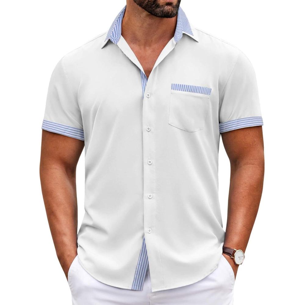 imageCOOFANDY Mens Casual Wrinkle Free Shirts Short Sleeve Button Down Summer Stretch Dress ShirtWhiteblue Stripe