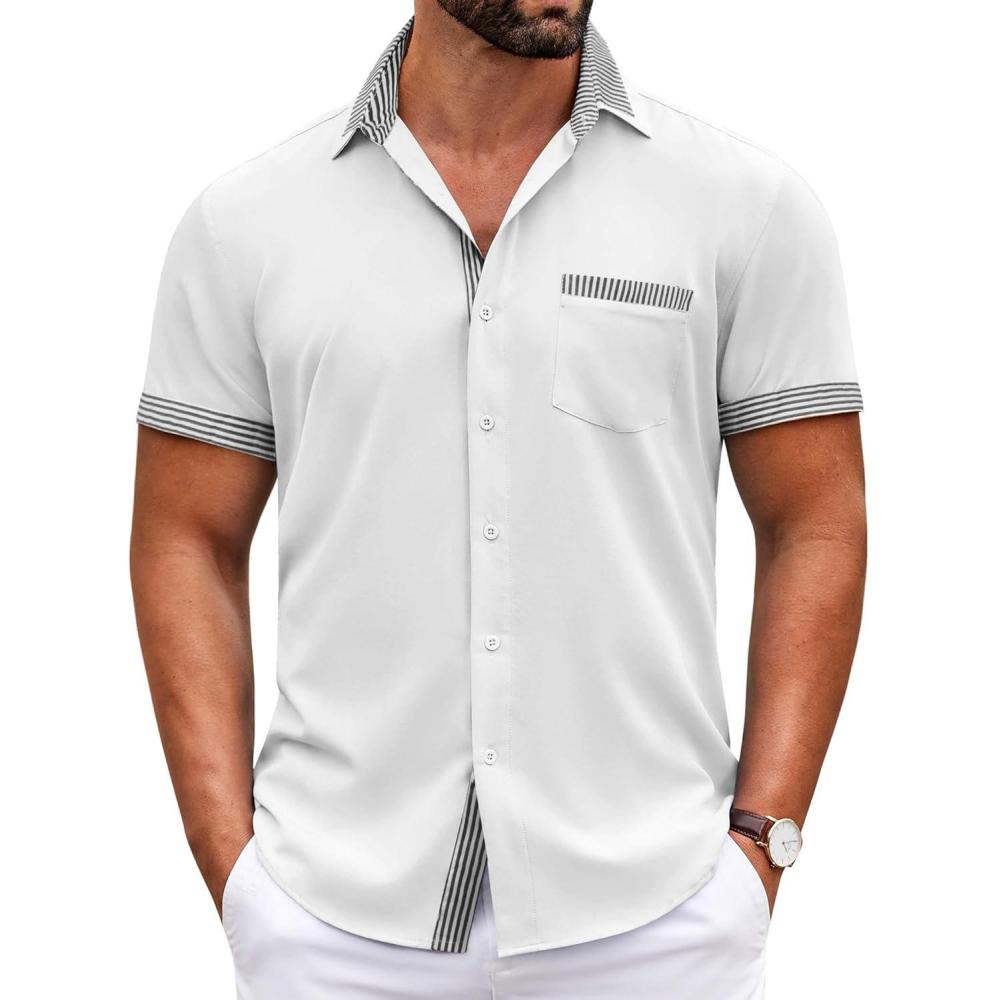 imageCOOFANDY Mens Casual Wrinkle Free Shirts Short Sleeve Button Down Summer Stretch Dress ShirtWhitestripe