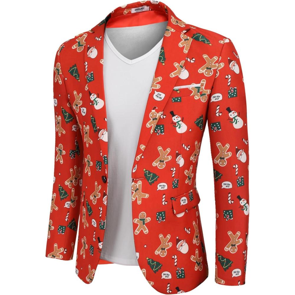 imageCOOFANDY Mens Christmas Blazer Jacket One Button Halloween Sport Coat Christmas Party Holiday JacketChristmas Blazer  Gingerbread Man
