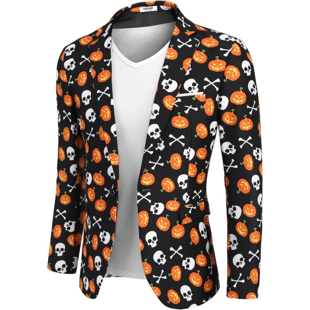 imageCOOFANDY Mens Christmas Blazer Jacket One Button Halloween Sport Coat Christmas Party Holiday JacketHalloween Blazer  Pumpkin  Skull