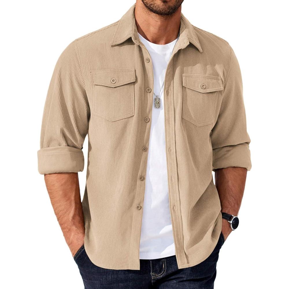 imageCOOFANDY Mens Corduroy Button Down Shirts Jackets Casual Long Sleeve Shacket Lightweight Overshirts with Flap PocketsBeige