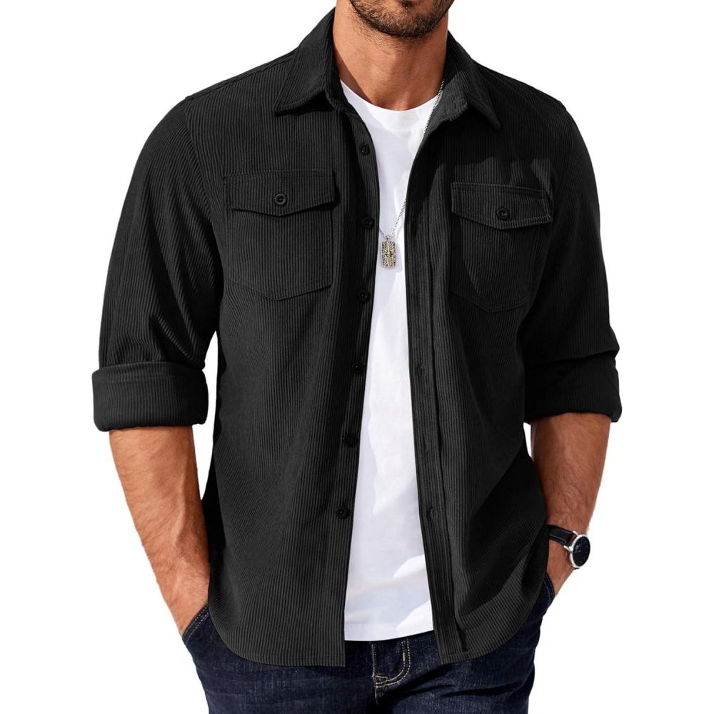 imageCOOFANDY Mens Corduroy Button Down Shirts Jackets Casual Long Sleeve Shacket Lightweight Overshirts with Flap PocketsBlack