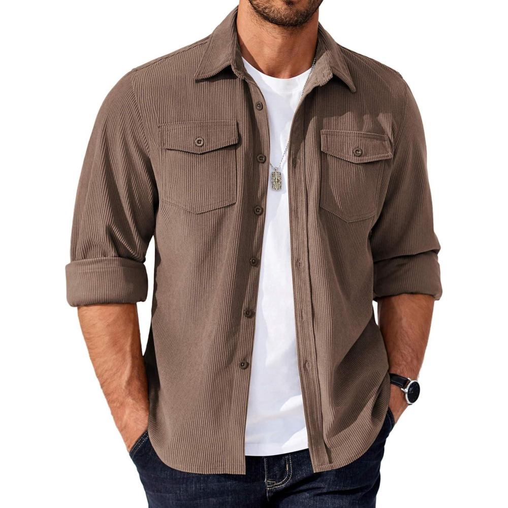 imageCOOFANDY Mens Corduroy Button Down Shirts Jackets Casual Long Sleeve Shacket Lightweight Overshirts with Flap PocketsBrown