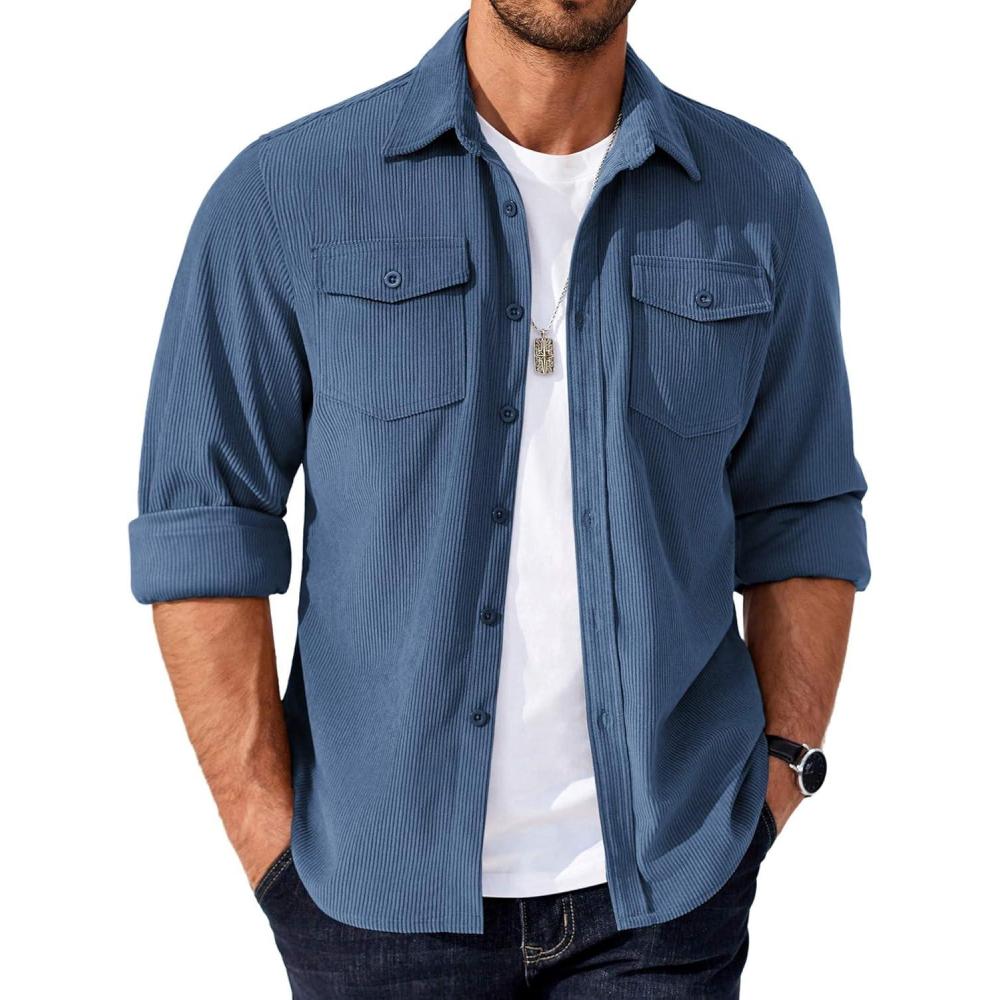 imageCOOFANDY Mens Corduroy Button Down Shirts Jackets Casual Long Sleeve Shacket Lightweight Overshirts with Flap PocketsGrey Blue
