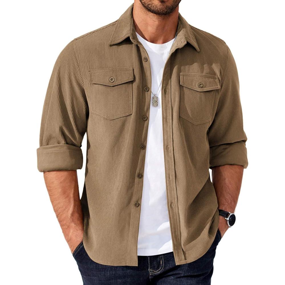 imageCOOFANDY Mens Corduroy Button Down Shirts Jackets Casual Long Sleeve Shacket Lightweight Overshirts with Flap PocketsKhaki