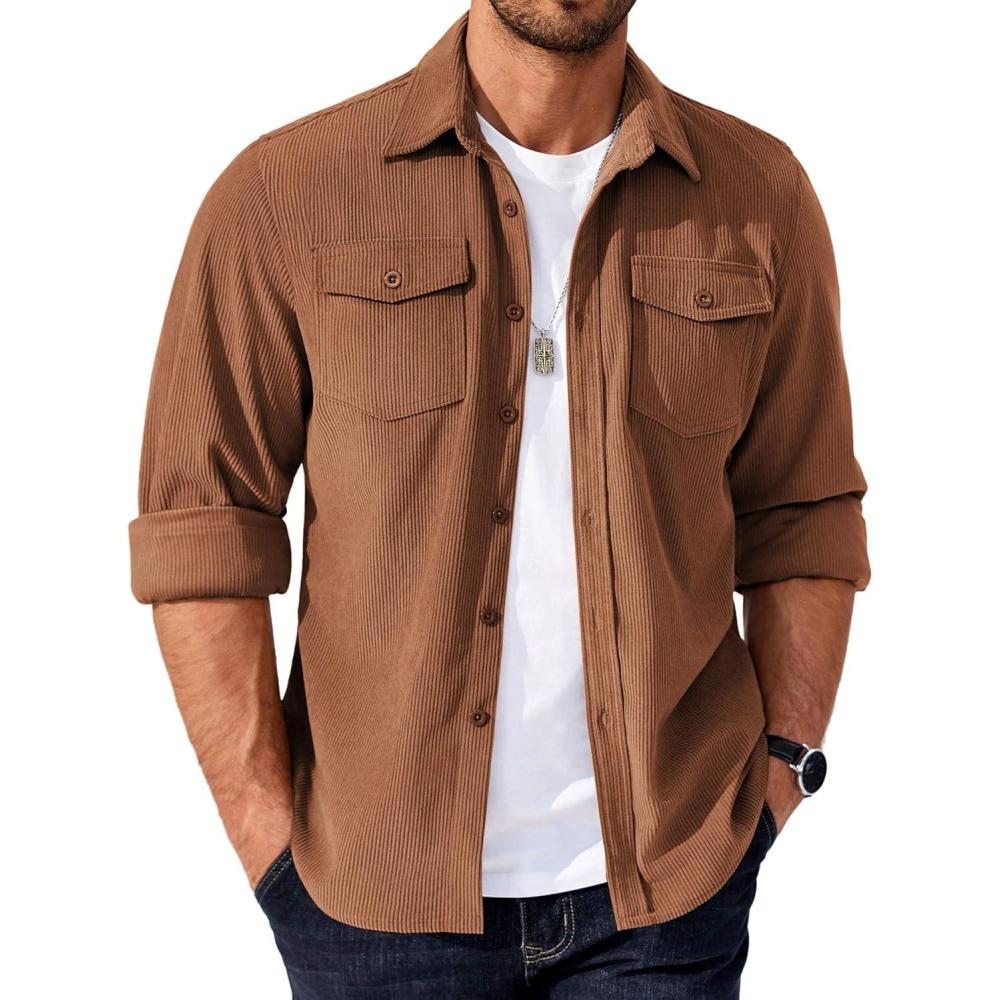 imageCOOFANDY Mens Corduroy Button Down Shirts Jackets Casual Long Sleeve Shacket Lightweight Overshirts with Flap PocketsLight Brown