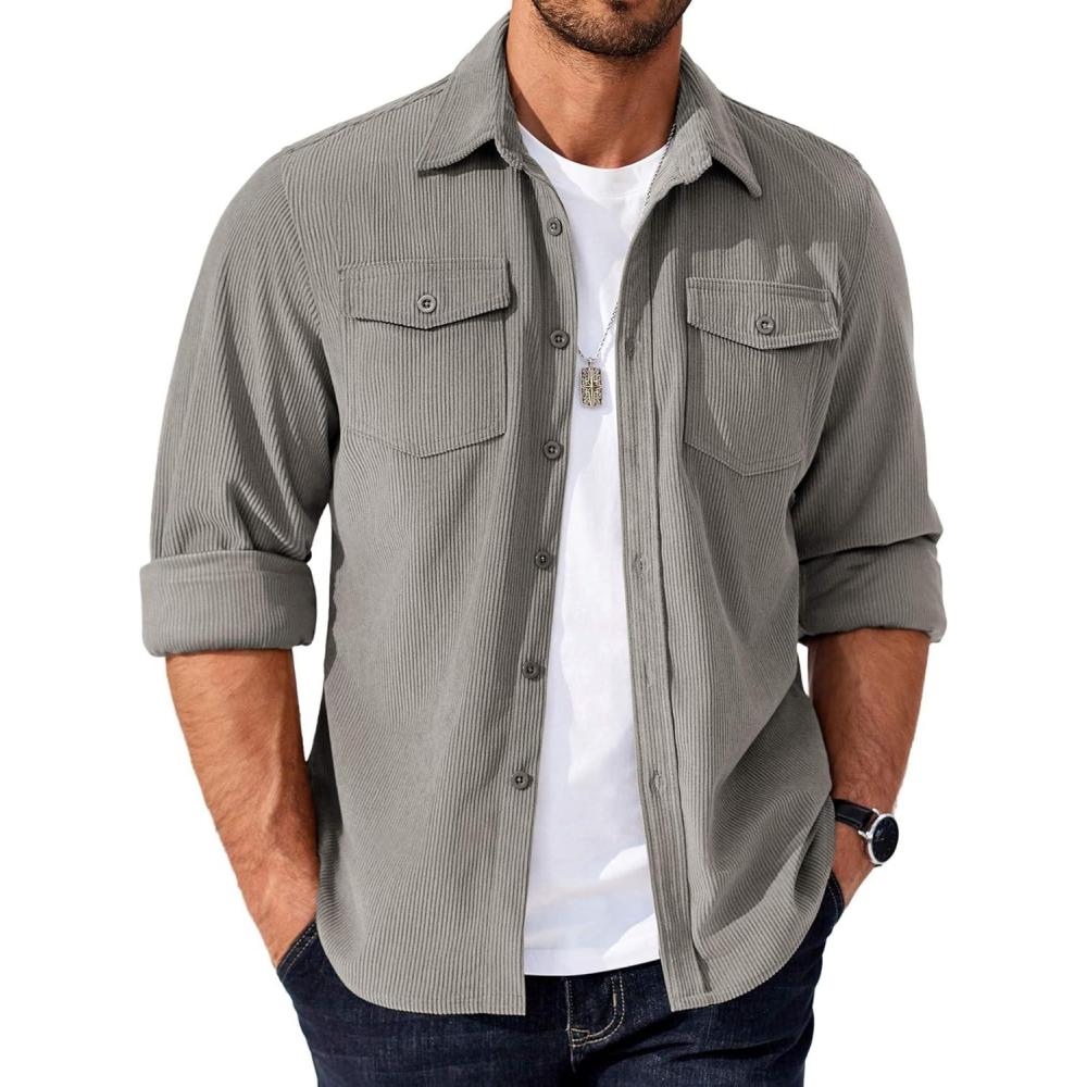 imageCOOFANDY Mens Corduroy Button Down Shirts Jackets Casual Long Sleeve Shacket Lightweight Overshirts with Flap PocketsLight Gray