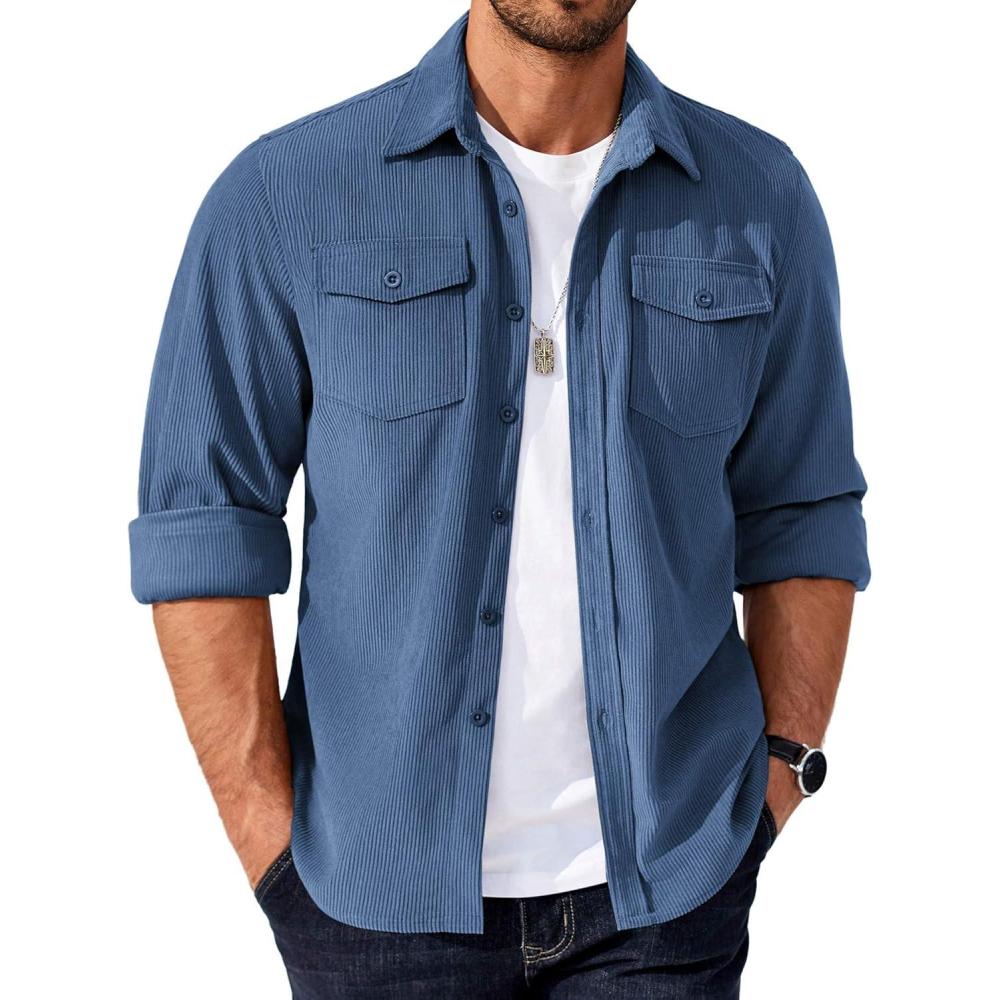 imageCOOFANDY Mens Corduroy Button Down Shirts Jackets Casual Long Sleeve Shacket Lightweight Overshirts with Flap PocketsNavy Blue