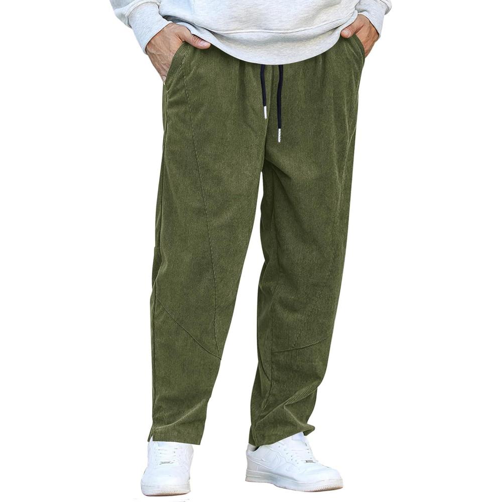 imageCOOFANDY Mens Corduroy Pants Elastic Waist Drawstring Harem Pants Fashion Loose Casual Long Trousers with 4 PocketsArmy Green