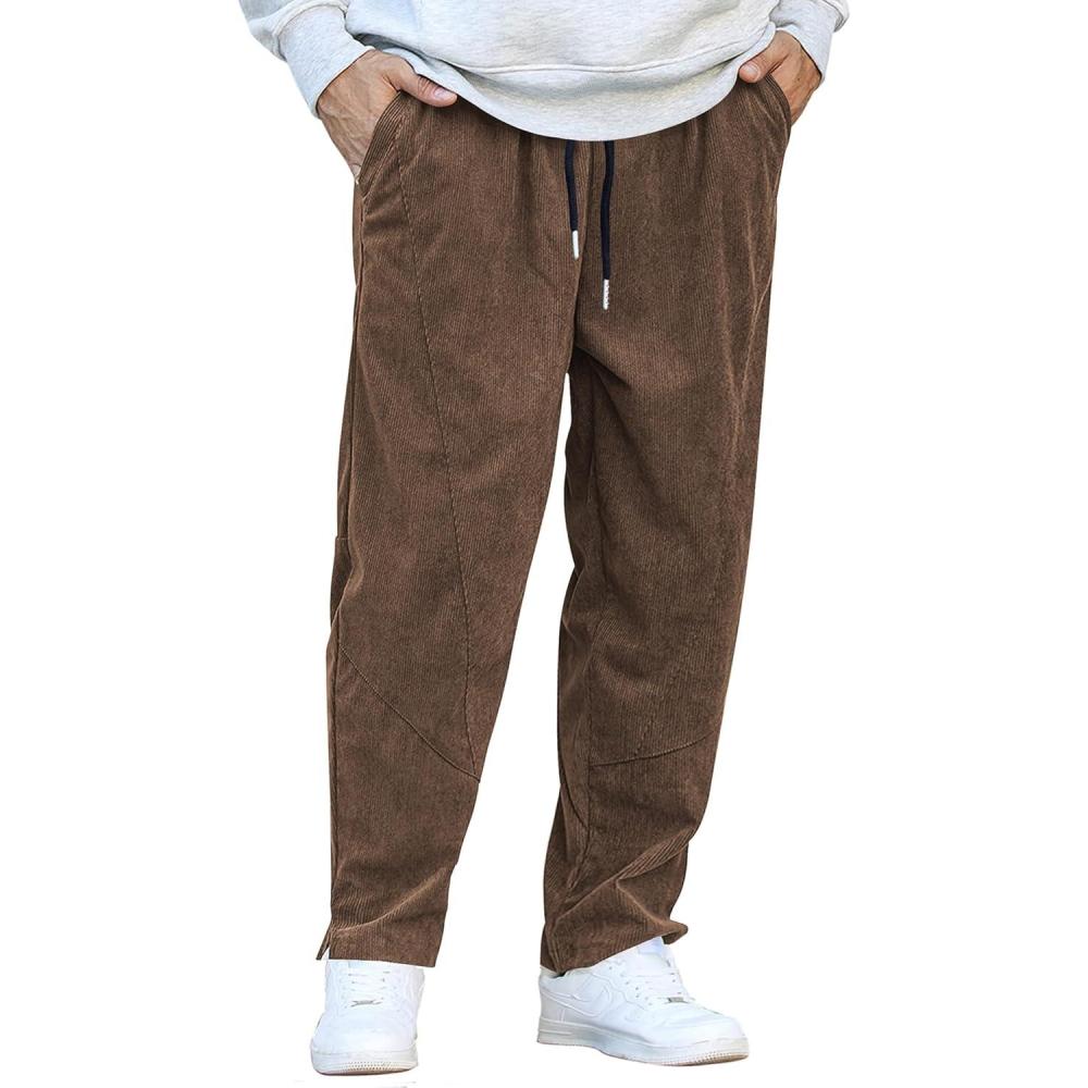 imageCOOFANDY Mens Corduroy Pants Elastic Waist Drawstring Harem Pants Fashion Loose Casual Long Trousers with 4 PocketsDark Brown