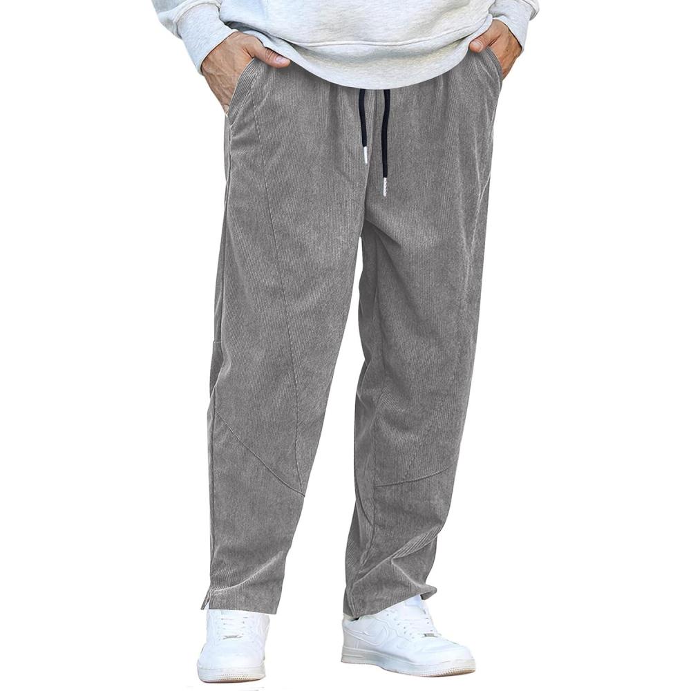 imageCOOFANDY Mens Corduroy Pants Elastic Waist Drawstring Harem Pants Fashion Loose Casual Long Trousers with 4 PocketsGrey