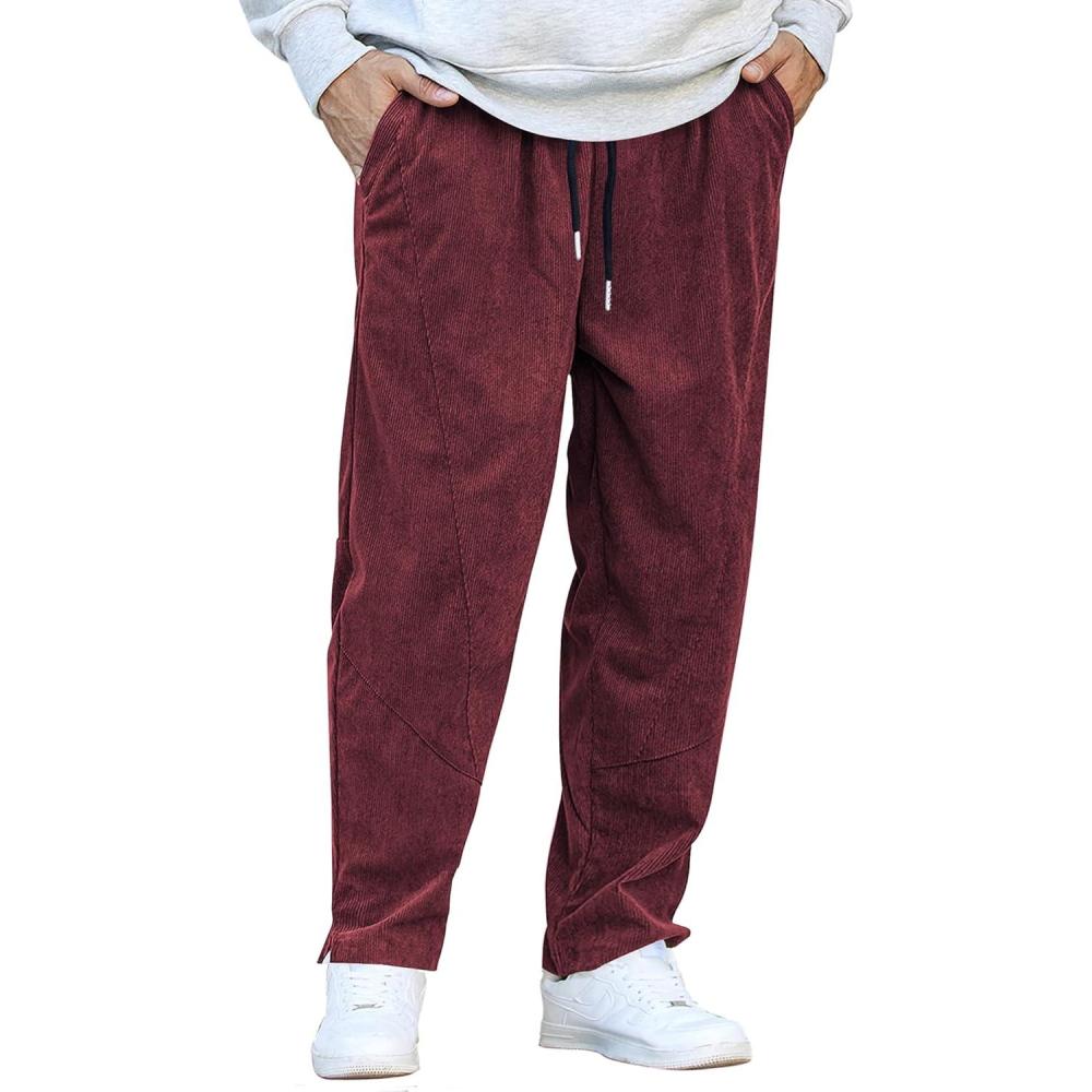 imageCOOFANDY Mens Corduroy Pants Elastic Waist Drawstring Harem Pants Fashion Loose Casual Long Trousers with 4 PocketsWine Red