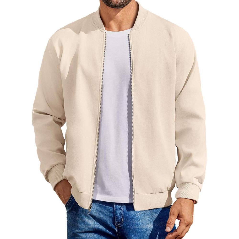 imageCOOFANDY Mens Cotton Bomber Jacket Lightweight Flight Jackets Casual Softshell Varisty JacketBeige