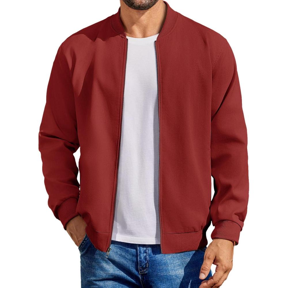 imageCOOFANDY Mens Cotton Bomber Jacket Lightweight Flight Jackets Casual Softshell Varisty JacketWine Red