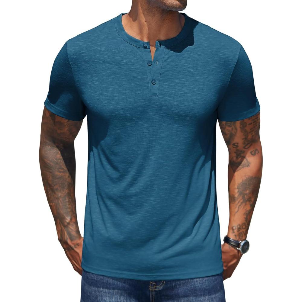 imageCOOFANDY Mens Cotton Henley TShirts Short Sleeve Button Casual Basic Tees Work Shirts with Split SideDark Blue