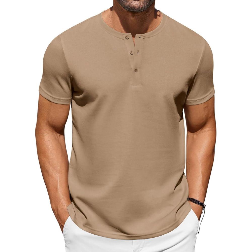 imageCOOFANDY Mens Cotton Henley TShirts Short Sleeve Button Casual Basic Tees Work Shirts with Split SideSesame