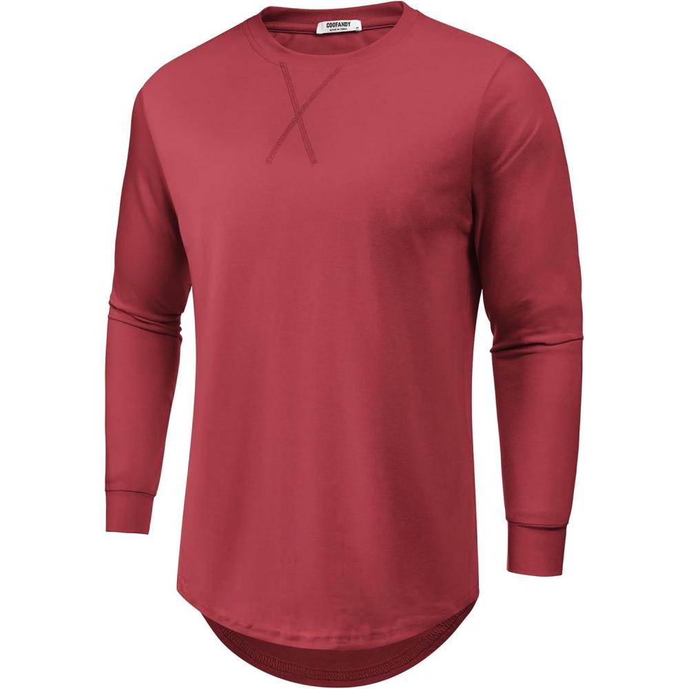 imageCOOFANDY Mens Cotton Hipster Hip Hop Longline Crewneck T Shirts Casual Long Sleeve Tees Curved Hem Gym ShirtsOne Piece Wine Red