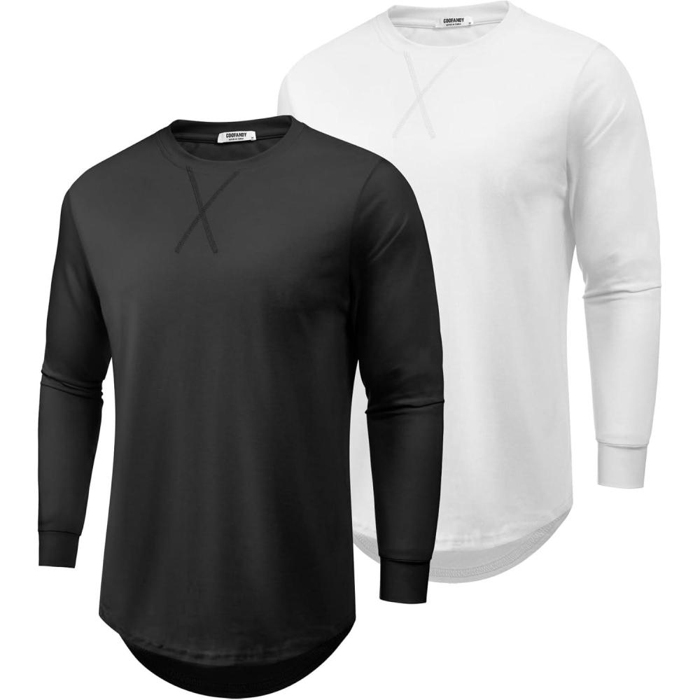 imageCOOFANDY Mens Cotton Hipster Hip Hop Longline Crewneck T Shirts Casual Long Sleeve Tees Curved Hem Gym ShirtsTwo Pack Black White