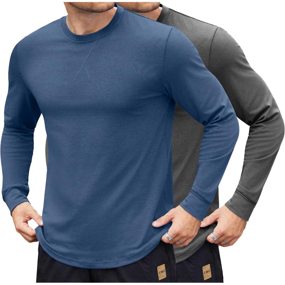 imageCOOFANDY Mens Cotton Hipster Hip Hop Longline Crewneck T Shirts Casual Long Sleeve Tees Curved Hem Gym ShirtsTwo Pack Dark Grey  Navy