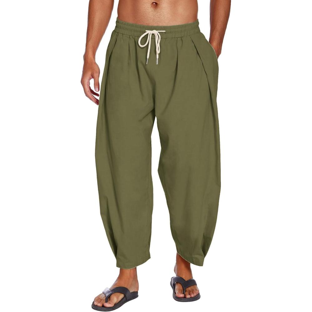 imageCOOFANDY Mens Cotton Linen Harem Pants Drawstring Casual Cropped Trousers Lightweight Loose Beach Yoga Pants with PocketsArmy Green