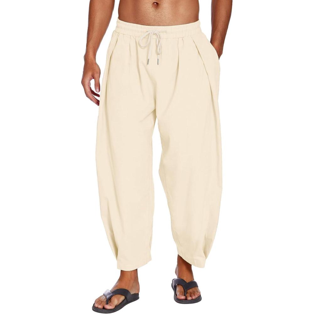 imageCOOFANDY Mens Cotton Linen Harem Pants Drawstring Casual Cropped Trousers Lightweight Loose Beach Yoga Pants with PocketsBeige