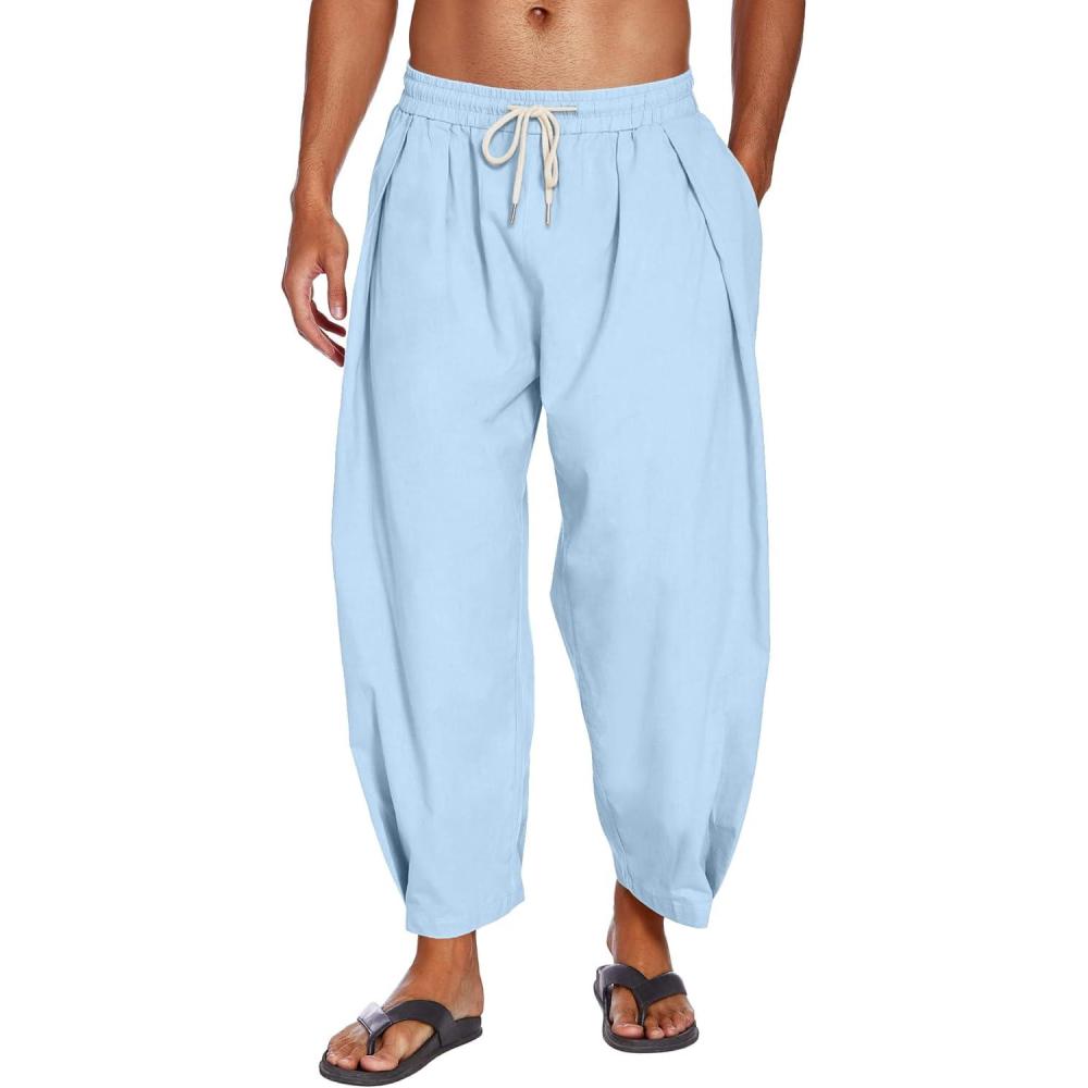 imageCOOFANDY Mens Cotton Linen Harem Pants Drawstring Casual Cropped Trousers Lightweight Loose Beach Yoga Pants with PocketsBlue