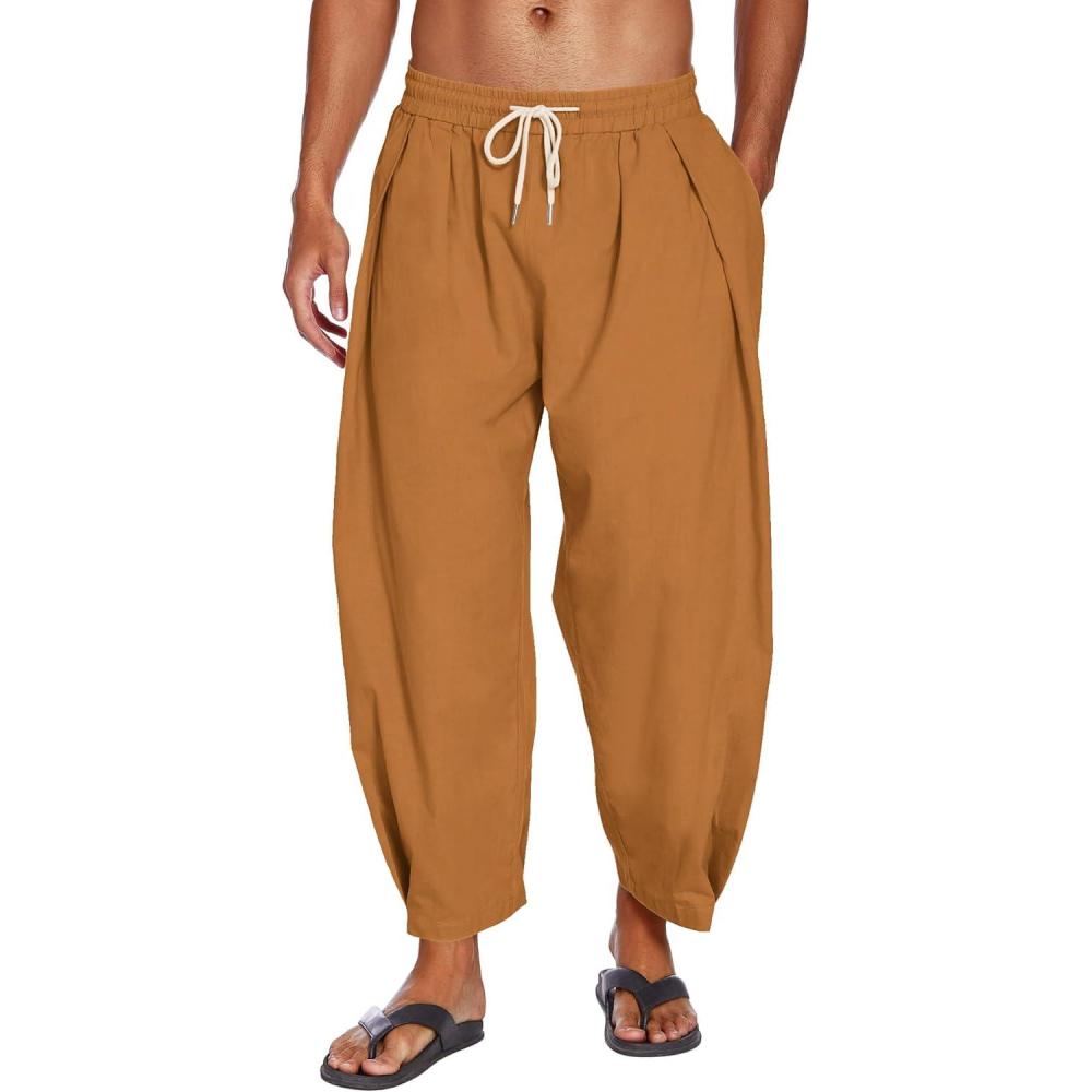 imageCOOFANDY Mens Cotton Linen Harem Pants Drawstring Casual Cropped Trousers Lightweight Loose Beach Yoga Pants with PocketsBrown