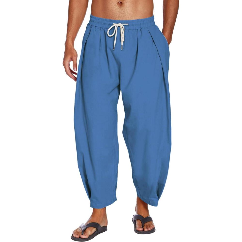 imageCOOFANDY Mens Cotton Linen Harem Pants Drawstring Casual Cropped Trousers Lightweight Loose Beach Yoga Pants with PocketsDark Blue