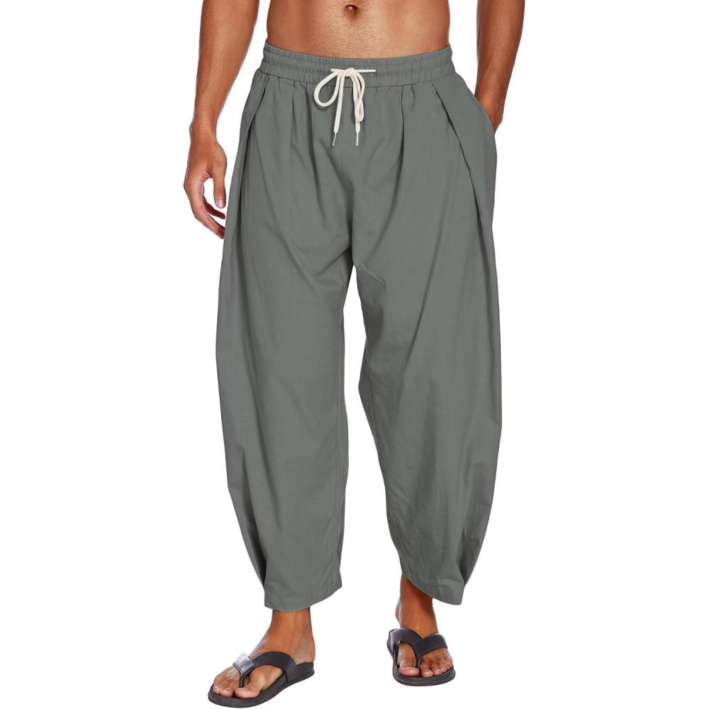 imageCOOFANDY Mens Cotton Linen Harem Pants Drawstring Casual Cropped Trousers Lightweight Loose Beach Yoga Pants with PocketsDark Grey