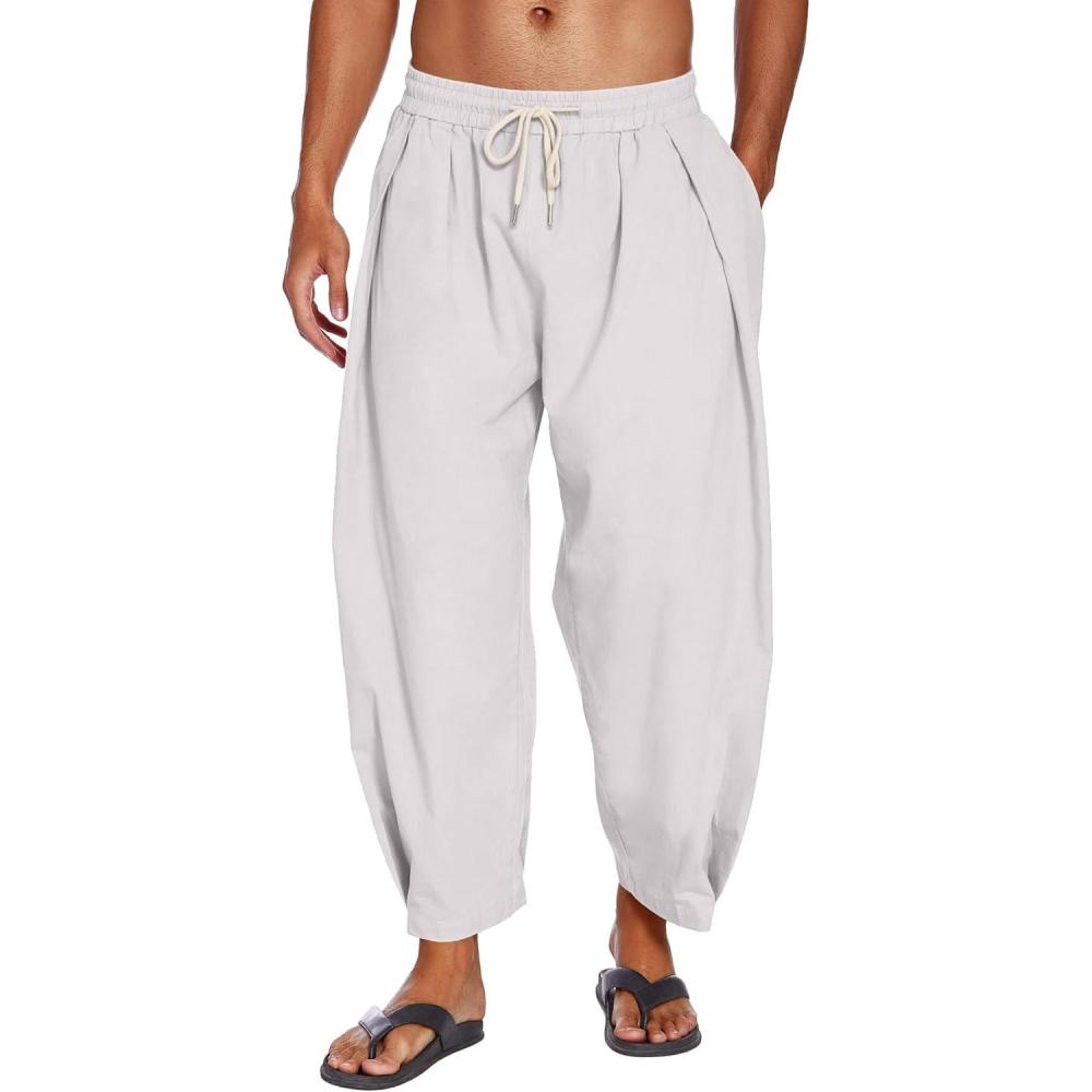 imageCOOFANDY Mens Cotton Linen Harem Pants Drawstring Casual Cropped Trousers Lightweight Loose Beach Yoga Pants with PocketsLight Grey