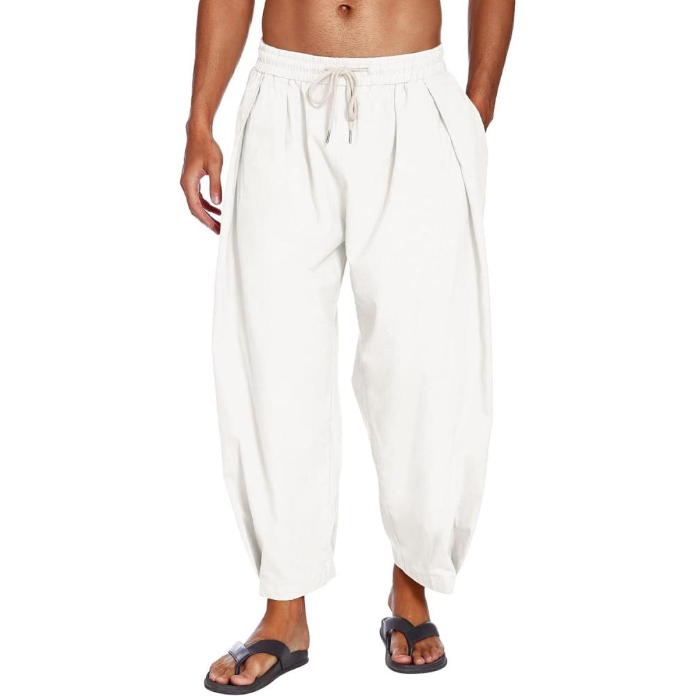 imageCOOFANDY Mens Cotton Linen Harem Pants Drawstring Casual Cropped Trousers Lightweight Loose Beach Yoga Pants with PocketsWhite
