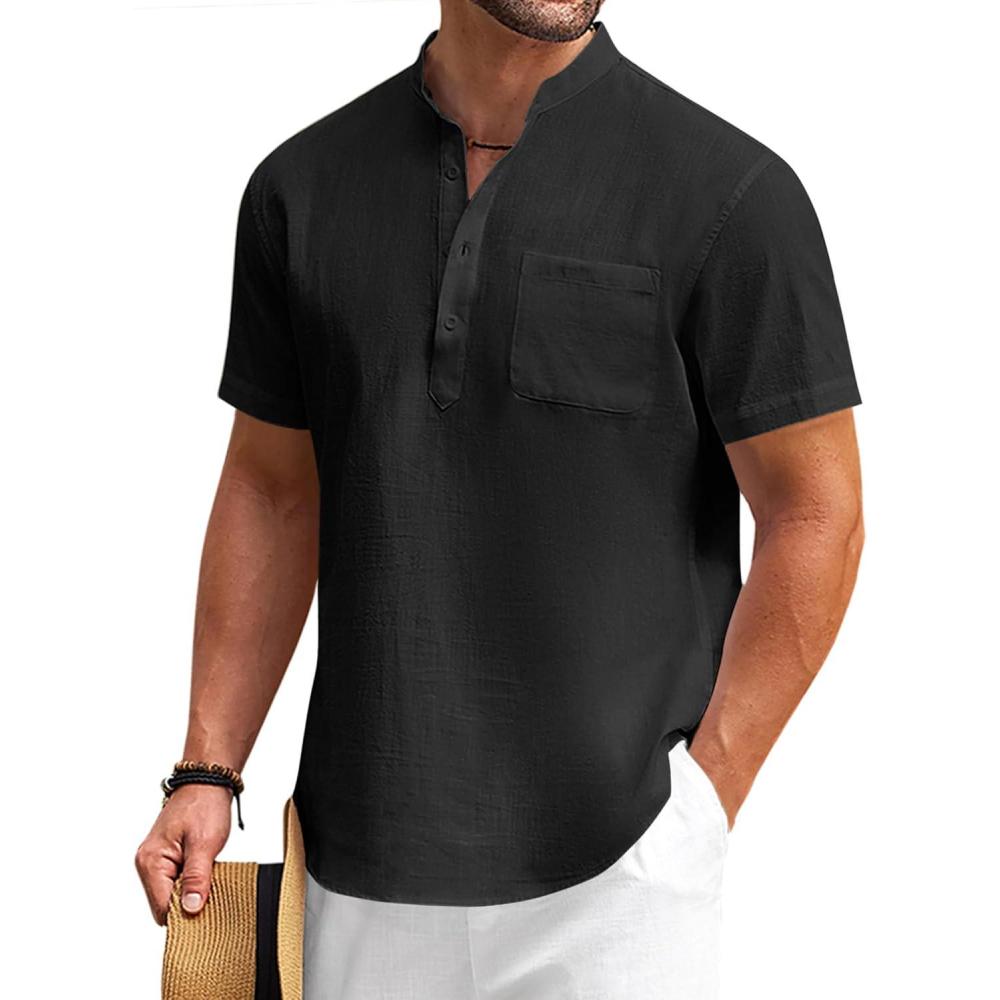 imageCOOFANDY Mens Cotton Linen Henley Shirt Short Sleeve Hippie Casual Beach TShirts with PocketBlack
