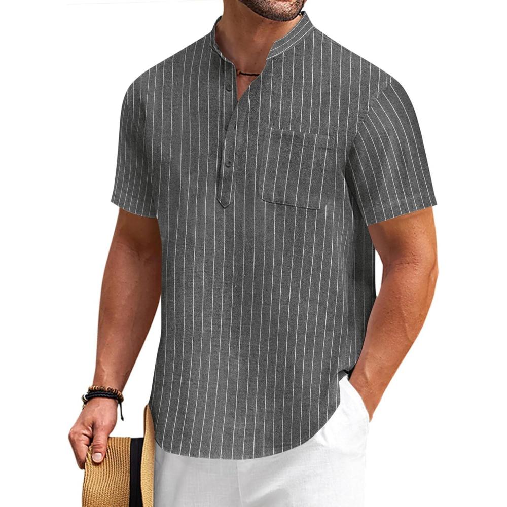 imageCOOFANDY Mens Cotton Linen Henley Shirt Short Sleeve Hippie Casual Beach TShirts with PocketBlack Striped