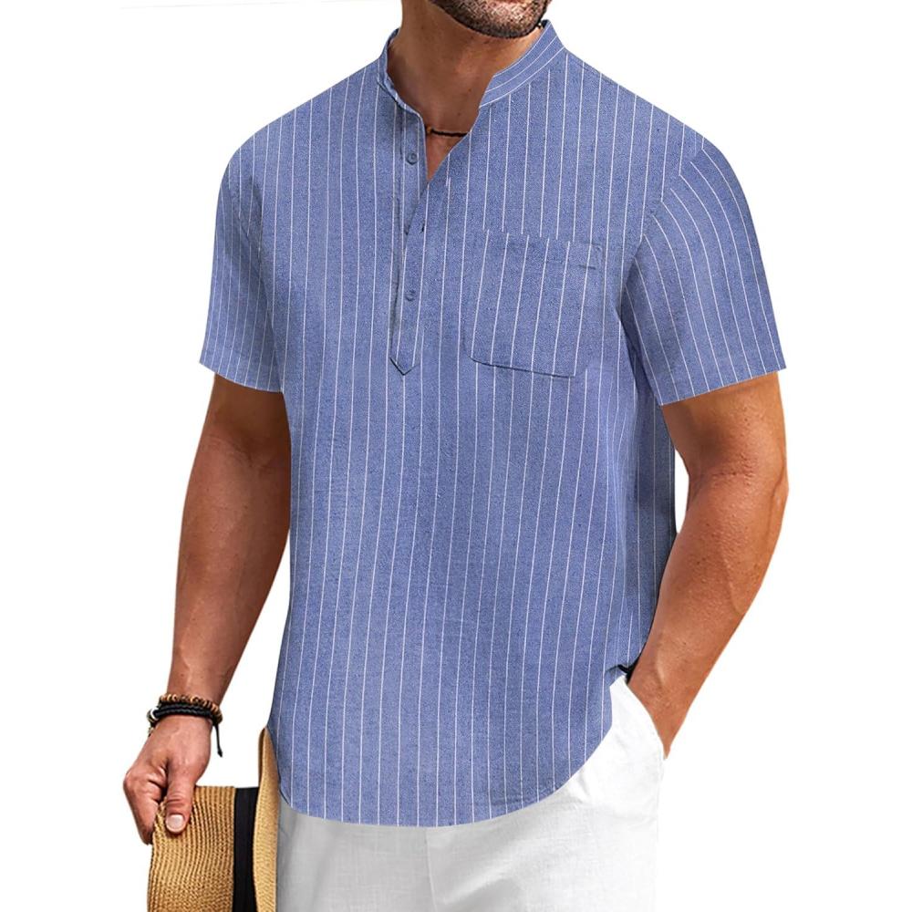 imageCOOFANDY Mens Cotton Linen Henley Shirt Short Sleeve Hippie Casual Beach TShirts with PocketBlue Striped