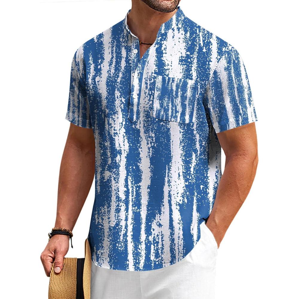 imageCOOFANDY Mens Cotton Linen Henley Shirt Short Sleeve Hippie Casual Beach TShirts with PocketBlue Tiedye