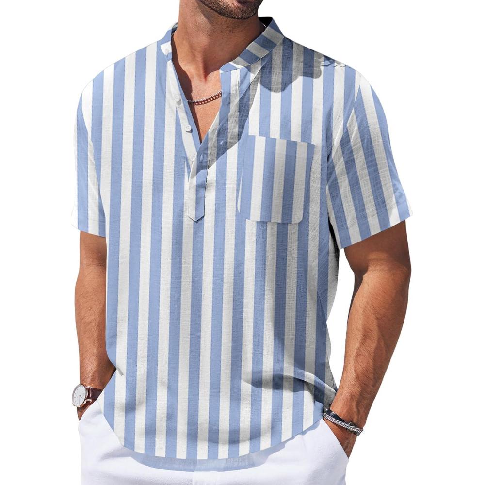imageCOOFANDY Mens Cotton Linen Henley Shirt Short Sleeve Hippie Casual Beach TShirts with PocketBluewhite Vertical Stripes