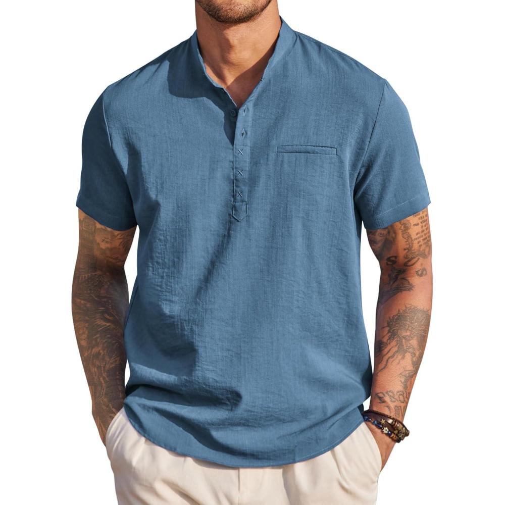 imageCOOFANDY Mens Cotton Linen Henley Shirt Short Sleeve Hippie Casual Beach TShirts with PocketDark Blue
