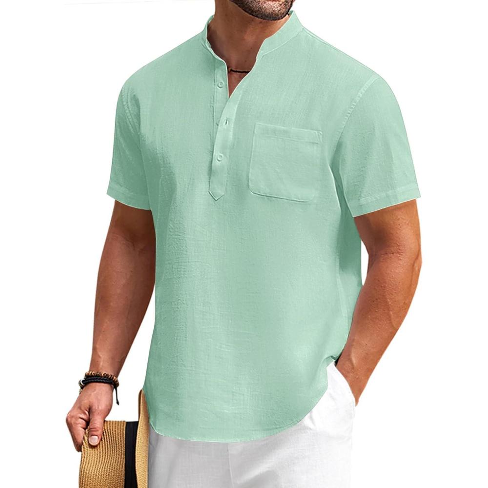 imageCOOFANDY Mens Cotton Linen Henley Shirt Short Sleeve Hippie Casual Beach TShirts with PocketGreen