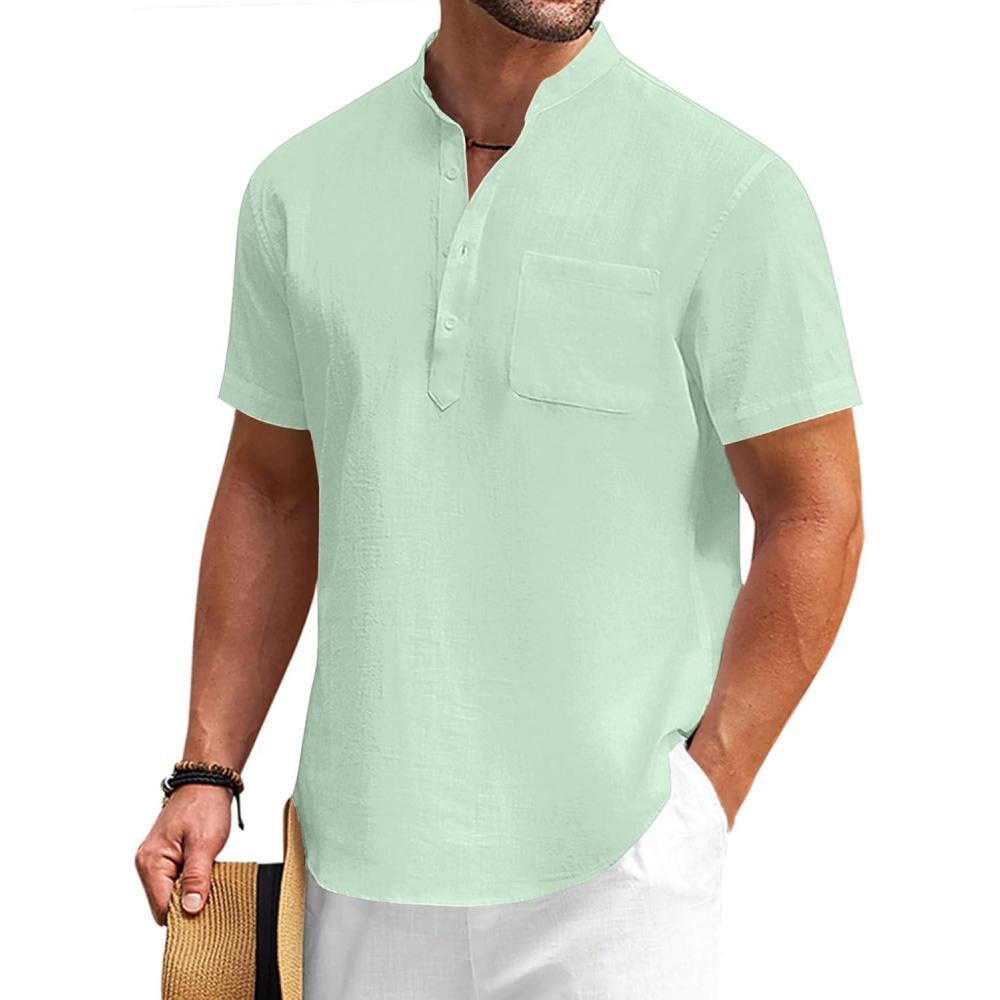 imageCOOFANDY Mens Cotton Linen Henley Shirt Short Sleeve Hippie Casual Beach TShirts with PocketLight Green